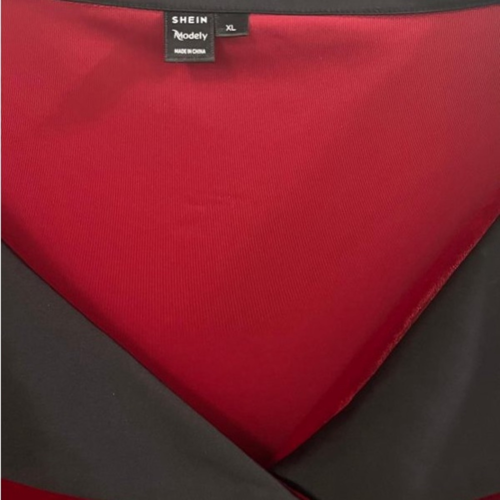 SHEIN Modely Puff Long Sleeve Velour Midi Red Dress w/Satiny Black Collar, Sz XL - Picture 7 of 15
